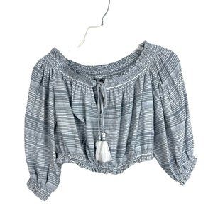 American Eagle striped Crop Top peasant boho Sz XS gray white 3/4 sleeve blouse